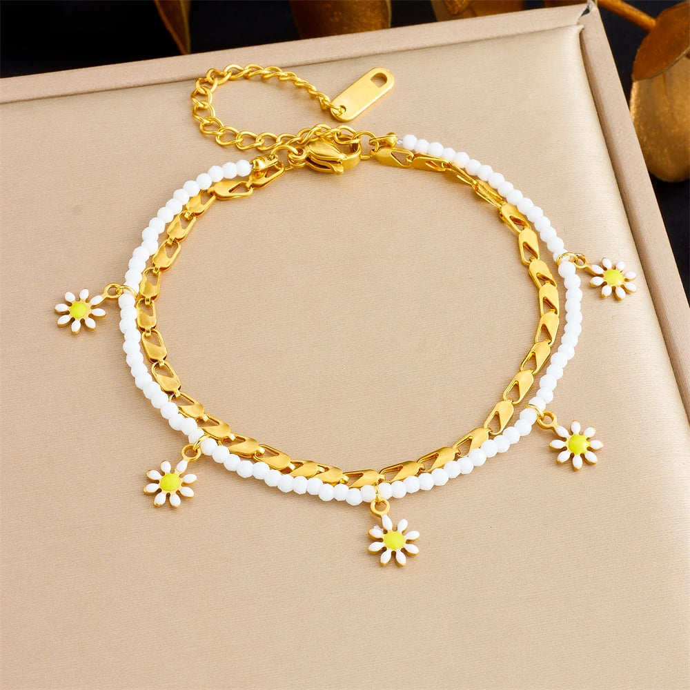 Cheville Marguerite Dorée | Double Rang Perles & Chaîne
