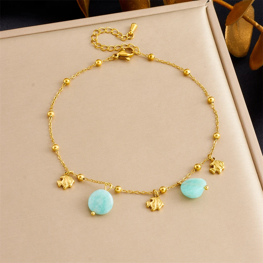 Cheville Poisson & Turquoise | Chaîne Dorée