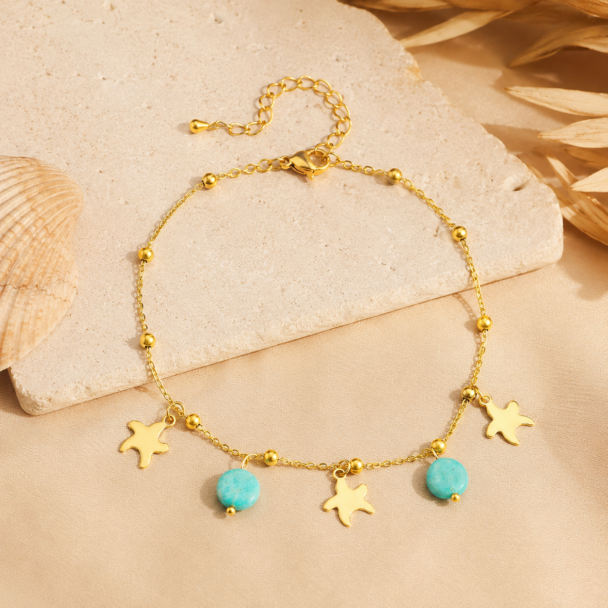 Cheville Azur | Étoiles Dorées & Pierres Turquoise