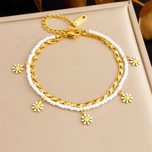 Cheville Marguerite Dorée | Double Rang Perles & Chaîne
