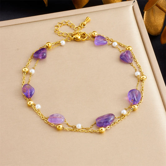 Cheville Amour Violet | Cœurs Améthyste & Perles