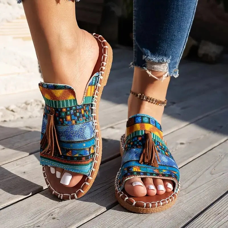 Sandales plates femme bleu – Tongs à franges bohème, plage été 2026 – Naira